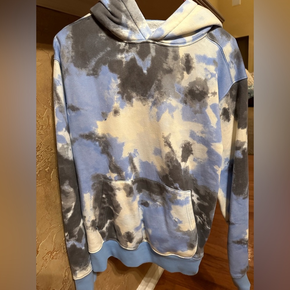 Old Navy Blue Sweatshirt and Hoodie.  Tye Dye Grey white and blue